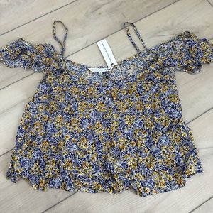 Cupcakes Cashmere Tank Top Large Floral Off Shoulder Blouse Blue Yellow Spring